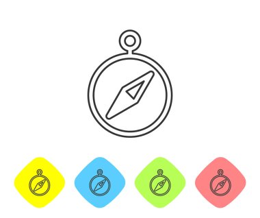 Gri çizgi pusula simgesi beyaz arkaplanda izole edildi. Rüzgâr yön bulma sembolü. Rüzgar gül işareti. Renkli eşkenar dörtgen düğmelerine simgeleri yerleştir. Vektör İllüstrasyonu