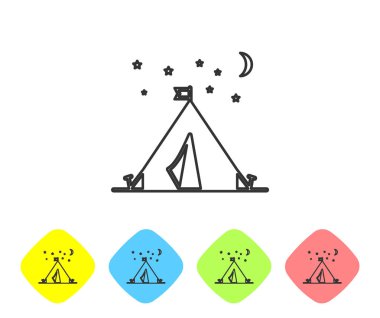 Beyaz arka plan üzerinde izole bayrak simgesi ile Gri çizgi Turist çadır. Kamp sembolü. Renk eşkenar dörtgen düğmelerinde simgeleri ayarlayın. Vektör İllüstrasyonu