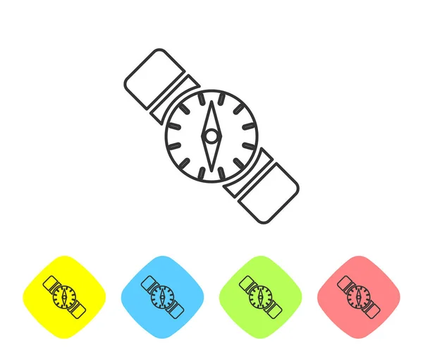 Graue Linie Kompass-Symbol isoliert auf weißem Hintergrund. Windrose Navigationssymbol. Windrose Zeichen. Setzen Sie Symbole in farbigen Rautenknöpfen. Vektorillustration — Stockvektor