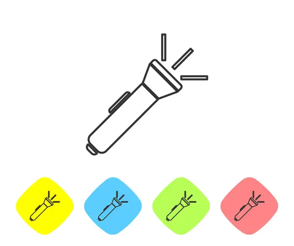 Graue Linie Taschenlampe Symbol isoliert auf weißem Hintergrund. Setzen Sie Symbole in farbigen Rautenknöpfen. Vektorillustration — Stockvektor