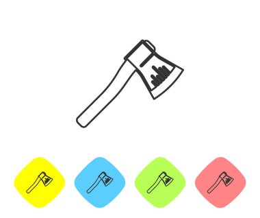 Gri çizgi Ahşap balta simgesi beyaz arka plan üzerinde izole. Oduncu baltası. Renk eşkenar dörtgen düğmelerinde simgeleri ayarlayın. Vektör İllüstrasyonu