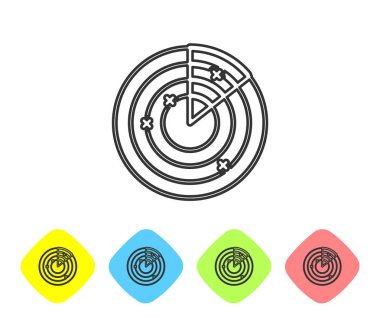 Gri hat Radar beyaz arka plan üzerinde izole simgesi arama monitörde hedefleri ile. Askeri arama sistemi. Donanma sonar. Renk eşkenar dörtgen düğmelerinde simgeleri ayarlayın. Vektör İllüstrasyonu