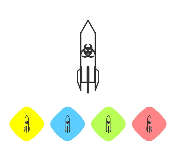 Сіра лінія значок ракети Biohazard ізольовано на білому тлі. Ракетна бомба летить вниз. Встановити піктограми за допомогою кнопок кольорового ромба. Векторна ілюстрація — стоковий вектор