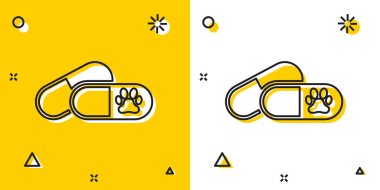 Siyah Köpek ve haplar simgesi sarı ve beyaz arka plan üzerinde izole. Hayvanlar için reçeteli ilaç. Rastgele dinamik şekiller. Vektör İllüstrasyonu