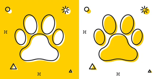 Black Paw print icon isolated on yellow and white background. Dog or cat paw print. Animal track. Random dynamic shapes. Vector Illustration — Stock Vector