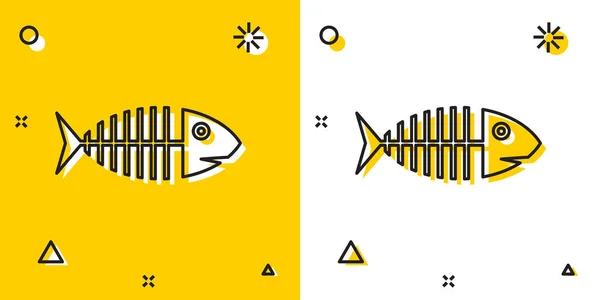 Black Fish skeleton icon isolated on yellow and white background. Fish bone sign. Random dynamic shapes. Vector Illustration — Stock Vector