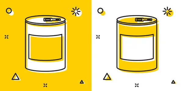 Icono de comida enlatada negra aislada sobre fondo amarillo y blanco. Comida para animales. La comida para mascotas puede. Formas dinámicas aleatorias. Ilustración vectorial — Vector de stock