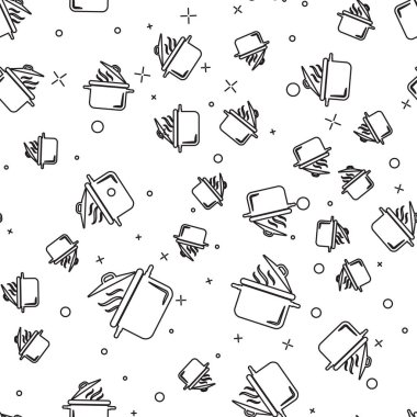 Siyah çizgi Pişirme pot simgesi beyaz arka plan üzerinde dikişsiz desen izole. Kaynatın veya güveç gıda sembolü. Vektör İllüstrasyonu