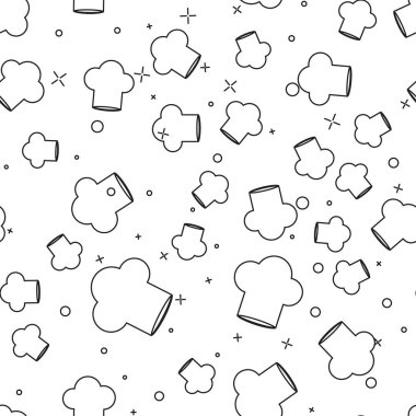 Siyah çizgi Chef şapka simgesi beyaz arka plan üzerinde sorunsuz desen izole. Pişirme sembolü. Aşçı şapkası. Vektör İllüstrasyonu