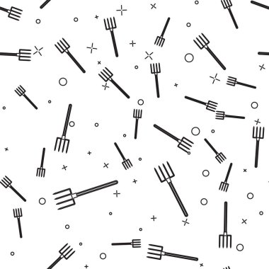 Siyah çizgi Bahçe pitchfork simgesi beyaz arka plan üzerinde sorunsuz desen izole. Bahçe çatal işareti. Bahçecilik, tarım, tarım için bir araç. Vektör İllüstrasyonu