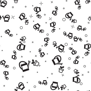 Siyah hat Sulama beyaz arka plan üzerinde saksı simgesi izole dikişsiz desen bitki üzerinde su damlaları püskürtebilir. Sulama sembolü. Vektör İllüstrasyonu