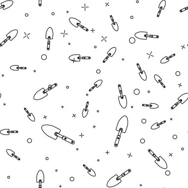 Siyah çizgi Bahçe mala maça veya kürek simgesi beyaz arka plan üzerinde izole dikişsiz desen. Bahçıvanlık aleti. Bahçecilik, tarım, tarım için bir araç. Vektör İllüstrasyonu