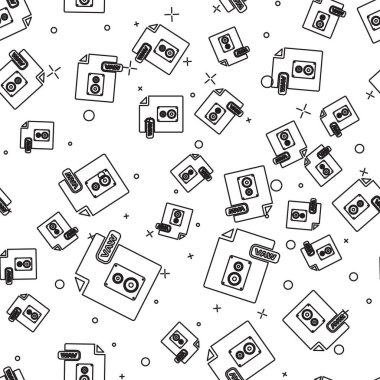 Siyah satır Wav dosya belgesi. Beyaz arka plan üzerinde izole wav düğmesi simgesi indirin sorunsuz desen. Dijital ses riff dosyaları için Wav waveform ses dosyası formatı. Vektör İllüstrasyonu