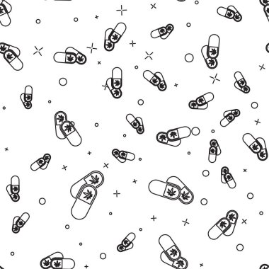 Esrar ya da kenevir yaprağı ikonu içeren siyah çizgi tıbbi haplar beyaz arka planda izole edilmiş. Kavanozlardaki kenevir yağı özlerini taklit et. Vektör İllüstrasyonu