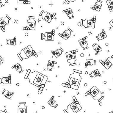 Esrar ya da kenevir yaprağı ikonu içeren siyah çizgi tıp şişesi beyaz arka planda izole edilmiş. Kavanozlardaki kenevir yağı özlerini taklit et. Vektör İllüstrasyonu