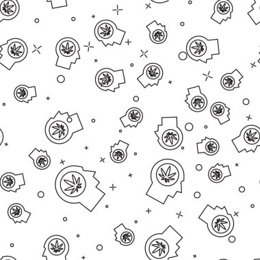 Siyah çizgi Siluet beyaz arka plan üzerinde esrar veya esrar yaprağı simgesi izole dikişsiz desen ile profil erkek baş. Marihuana yasallaştırma. Kenevir sembolü. Vektör İllüstrasyonu