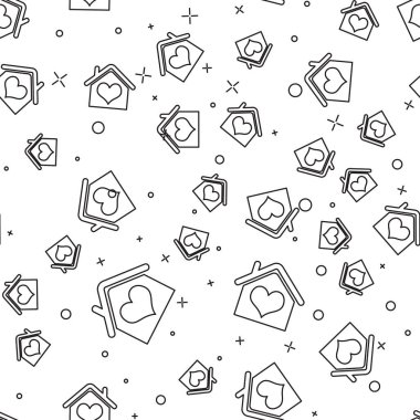 Beyaz arka plan üzerinde kalp şekli simgesi izole dikişsiz desen ile Siyah çizgi House. Aşk ev sembolü. Aile, emlak ve emlak. Vektör İllüstrasyonu