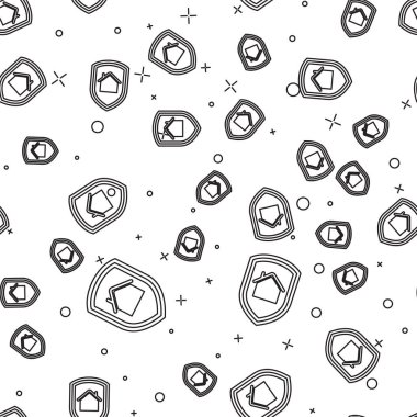 Siyah çizgi House koruma simgesi altında beyaz arka plan üzerinde sorunsuz desen izole. Ev ve kalkan. Koruma, güvenlik, güvenlik, koruma, savunma konsepti. Vektör İllüstrasyonu