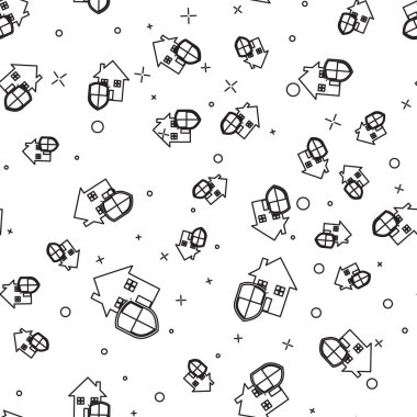 Siyah çizgi House koruma simgesi altında beyaz arka plan üzerinde sorunsuz desen izole. Ev ve kalkan. Koruma, güvenlik, güvenlik, koruma, savunma konsepti. Vektör İllüstrasyonu