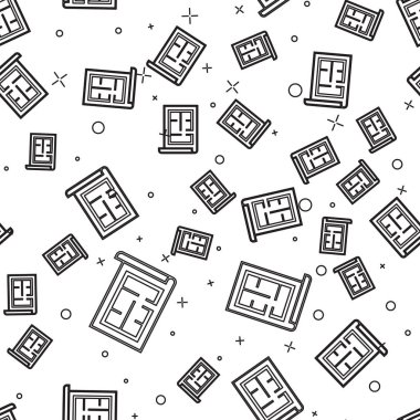 Siyah çizgi House planı simgesi beyaz arka plan üzerinde sorunsuz desen izole. Vektör İllüstrasyonu