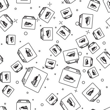 Siyah hat Kargo gemi kutuları teslim hizmet simgesi beyaz arka plan üzerinde sorunsuz desen izole ile. Teslimat, nakliye. Koliler, kutular, mallar olan şilep. Vektör İllüstrasyonu