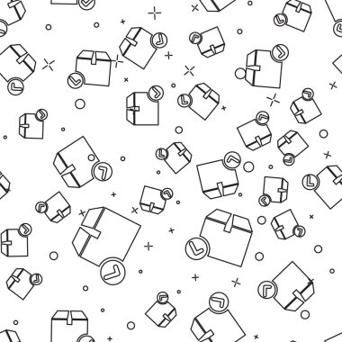 Beyaz arka plan üzerinde onay işareti simgesi yalıtılmış kesintisiz desenli siyah çizgi Paket kutusu. Onay damgalı paket kutusu. Onaylı teslimat veya başarılı paket makbuzu. Vektör İllüstrasyonu