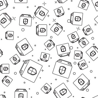 Siyah hat Teslim paketi güvenlik sembolü ile kalkan simgesi beyaz arka plan üzerinde izole dikişsiz desen. Teslimat sigortası. Kalkanın ötesindeki karton kutular sigortalı. Vektör İllüstrasyonu