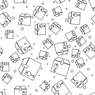 Kırık cam simgesinin kırılgan içerik sembolü beyaz arka plan üzerinde izole dikişsiz desen ile Siyah hat Teslim paket kutusu. Kutu, paket, paket tabelası. Vektör İllüstrasyonu