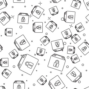 Siyah çizgi Kilitli paket simgesi beyaz arka plan üzerinde sorunsuz desen izole. Kilit ve karton kutu. Vektör İllüstrasyonu