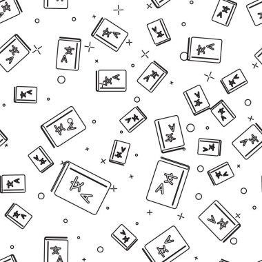 Siyah çizgi Çevirmen kitap simgesi beyaz arka plan üzerinde sorunsuz desen izole. Sohbet konuşma balonu yabancı dil konuşma simgeleri. Kavram çevirisi. Vektör İllüstrasyonu