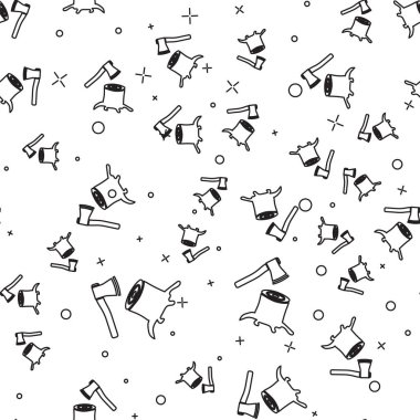 Siyah çizgi Kütük simgesi ahşap balta beyaz arka plan üzerinde izole dikişsiz desen. Oduncu baltası. Balta tahtaya saplanmış. Vektör İllüstrasyonu