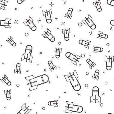 Siyah hat Havacılık bomba simgesi beyaz arka plan üzerinde sorunsuz desen izole. Roket bombası düşüyor. Vektör İllüstrasyonu