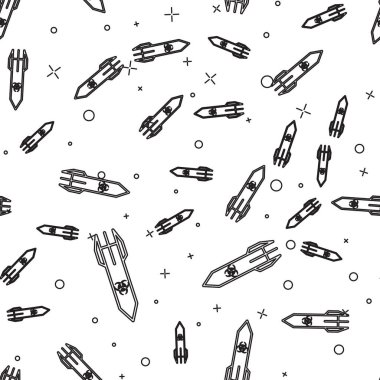 Siyah çizgi Biohazard roket simgesi beyaz arka plan üzerinde dikişsiz desen izole. Roket bombası düşüyor. Vektör İllüstrasyonu