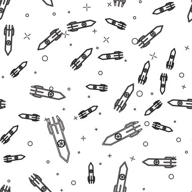 Siyah çizgi Nükleer roket simgesi beyaz arka plan üzerinde sorunsuz desen izole. Roket bombası düşüyor. Vektör İllüstrasyonu