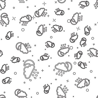 Yağmur ve ay simgesi beyaz arka plan üzerinde izole dikişsiz desen ile Siyah çizgi Bulut. Yağmur damlaları ile yağmur bulutu yağış. Vektör İllüstrasyonu