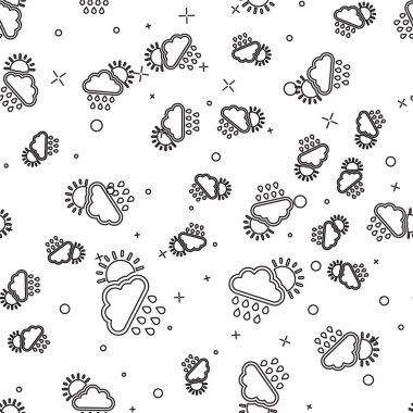 Yağmur ve güneş simgesi beyaz arka plan üzerinde izole dikişsiz desen ile Siyah çizgi Bulut. Yağmur damlaları ile yağmur bulutu yağış. Vektör İllüstrasyonu