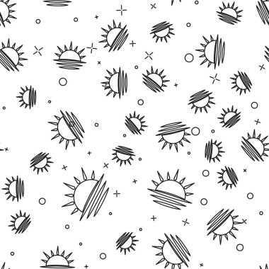 Siyah çizgi günbatımı simgesi beyaz arkaplanda izole edilmiş pürüzsüz desen. Vektör İllüstrasyonu