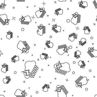 Yağmur ve şimşek simgesi beyaz arka plan üzerinde izole kesintisiz desen ile Siyah çizgi Bulut. Yağmur damlaları ile yağmur bulutu yağış. Fırtınanın hava ikonu. Vektör İllüstrasyonu