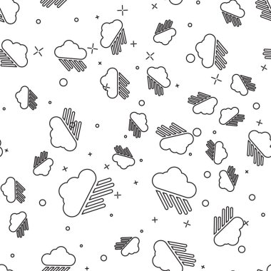 Yağmur ikonlu kara çizgi bulutu beyaz arka planda izole edilmiş pürüzsüz desen. Yağmur damlaları ile yağmur bulutu yağışı. Vektör İllüstrasyonu