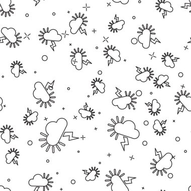 Siyah çizgi Storm simgesi beyaz arka plan üzerinde sorunsuz desen izole. Şimşek ve güneş işareti ile bulutlu. Fırtınanın hava ikonu. Vektör İllüstrasyonu