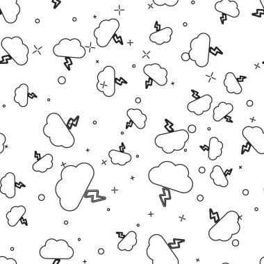 Kara çizgi Storm simgesi beyaz arkaplanda izole edilmiş kusursuz desen. Bulut ve şimşek işareti. Fırtınanın hava durumu ikonu. Vektör İllüstrasyonu