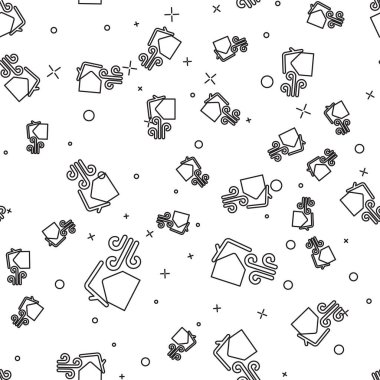 Siyah çizgi Tornado girdap zararlar evin çatı simgesi beyaz arka plan üzerinde izole dikişsiz desen. Kasırga, kasırga, fırtına hunisi, kasırga rüzgar simgesi. Vektör İllüstrasyonu