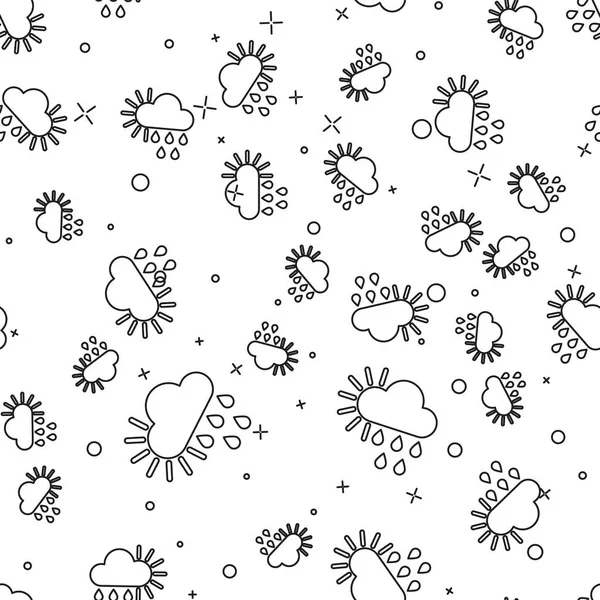 Schwarze Linie bewölkt mit Regen und Sonne Ikone isoliert nahtlose Muster auf weißem Hintergrund. Regenwolken Niederschlag mit Regentropfen. Vektorillustration — Stockvektor