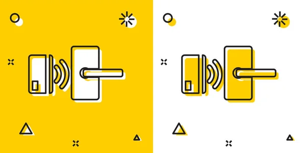 노란색과 흰색 배경에 격리 잠금 해제 아이콘을위한 무선 기술과 블랙 디지털 도어 잠금 장치. 문 손잡이 기호입니다. 보안 스마트 홈. 임의 동적 셰이프. 벡터 일러스트레이션 — 스톡 벡터