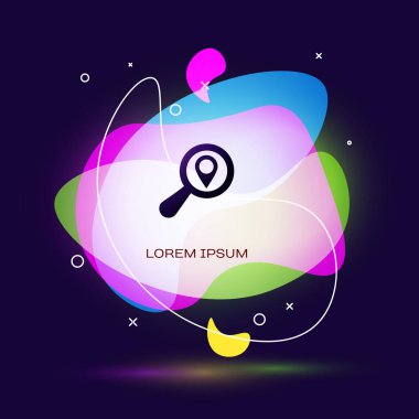 Koyu mavi arka planda yalıtılmış Siyah Arama konum simgesi. İşaretçi işareti ile büyüteç. Sıvı şekilli soyut afiş. Vektör İllüstrasyonu