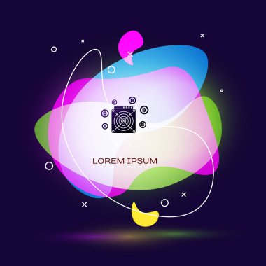 Koyu mavi arka plan üzerinde Siyah Asic Miner simgesi. Kripto para madenciliği ekipman ve donanım. Uygulamaya özel entegre devre. Sıvı şekilli soyut afiş. Vektör İllüstrasyonu