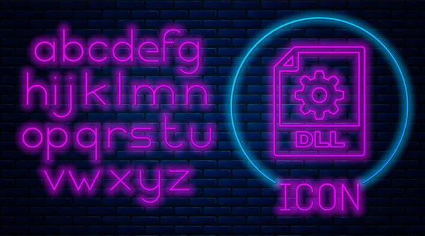 Gloeiende neon dll bestand document. Download dll knoppictogram geïsoleerd op bakstenen muur achtergrond. Dll-bestand symbool. Neon licht alfabet. Vector illustratie — Stockvector