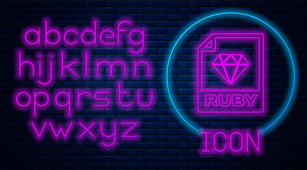 Zářící neonové dokumenty z Ruby. Ikona tlačítka pro stažení Ruby je izolována na pozadí cihlové zdi. Symbol souboru Ruby. Neonová lehká abeceda. Vektorová ilustrace — Stockový vektor
