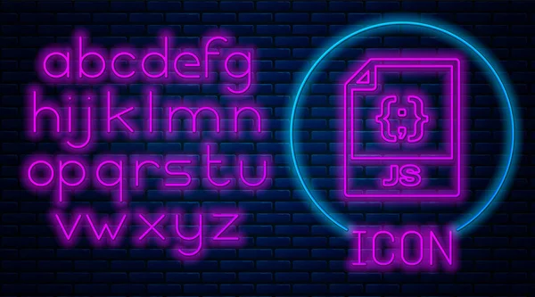 Documento di file JS fluorescente al neon. Scarica l'icona del pulsante js isolato su sfondo muro di mattoni. Simbolo del file JS. Alfabeto della luce al neon. Illustrazione vettoriale — Vettoriale Stock