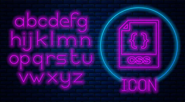 Leuchtende Neon-CSS-Datei Dokument. herunterladen Css-Taste Symbol isoliert auf Ziegelwand Hintergrund. css-Dateisymbol. Neonlicht-Alphabet. Vektorillustration — Stockvektor